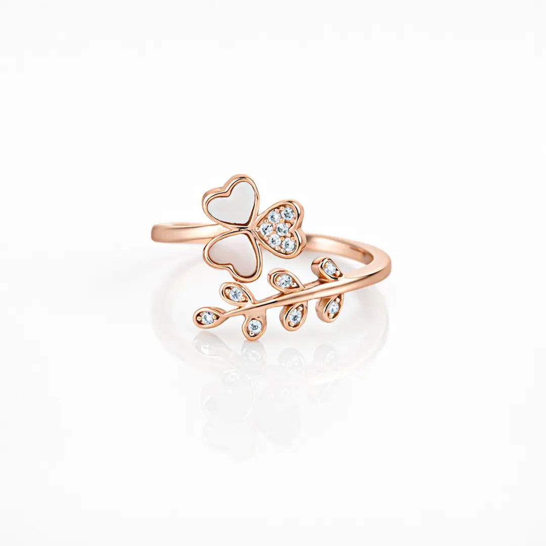 Graceful 925 Silver Rose Gold Clover & Vine Adjustable Ring