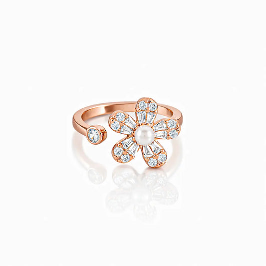 Luminous 925 Silver Rose Gold Petal & Pearl Adjustable Ring