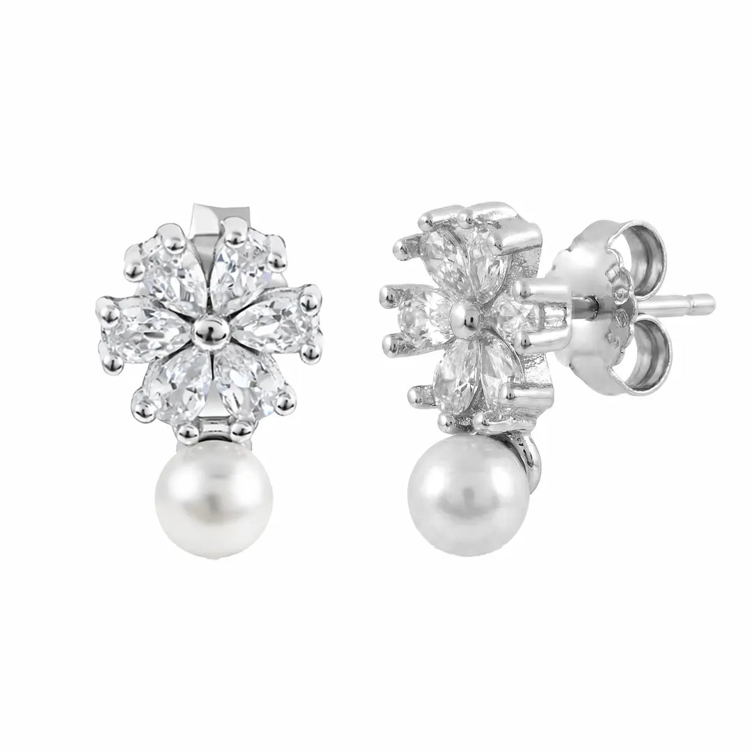 Graceful Bloom 925 Silver Pearl & Marquise Adjustable Drop Earrings
