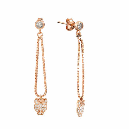 Wisdom Glimmer 925 Silver Rose Gold Adjustable Owl Drop Earrings