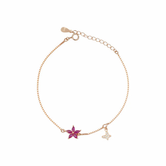 925 Sterling Silver Rose Gold Ruby Floral Butterfly Bracelet (Adjustable)