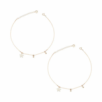 925 Sterling Silver Rose Gold Adjustable Flower Charm Anklet Pair