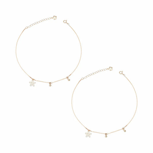 925 Sterling Silver Rose Gold Adjustable Flower Charm Anklet Pair