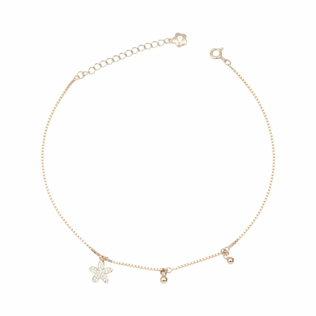 925 Sterling Silver Rose Gold Adjustable Flower Charm Anklet Pair