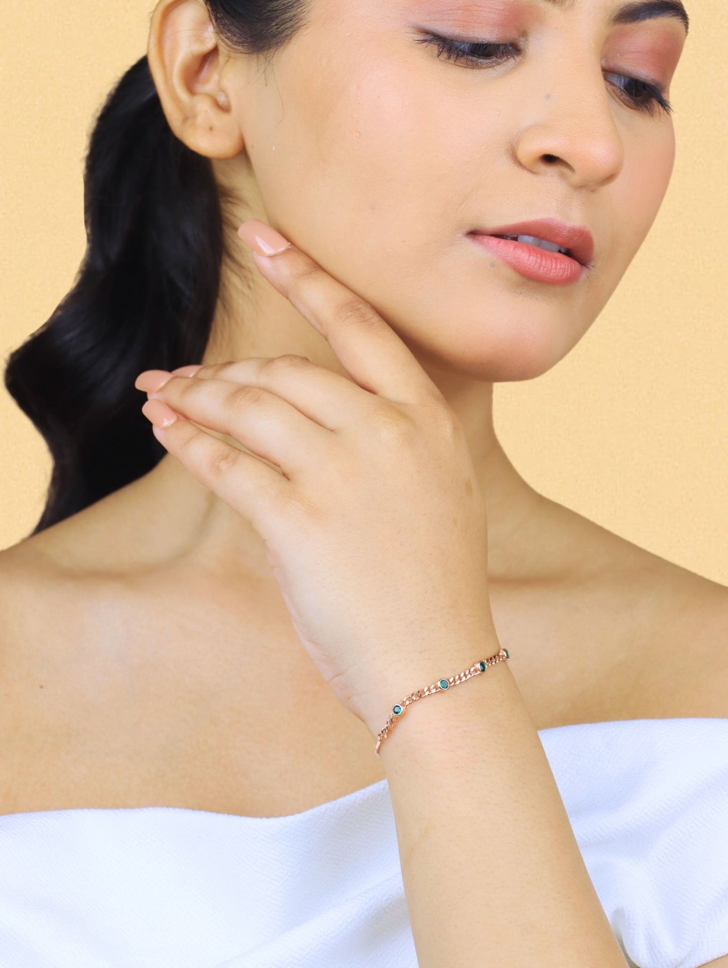 Green Stone with Cuban Bracelet - 925 Silver