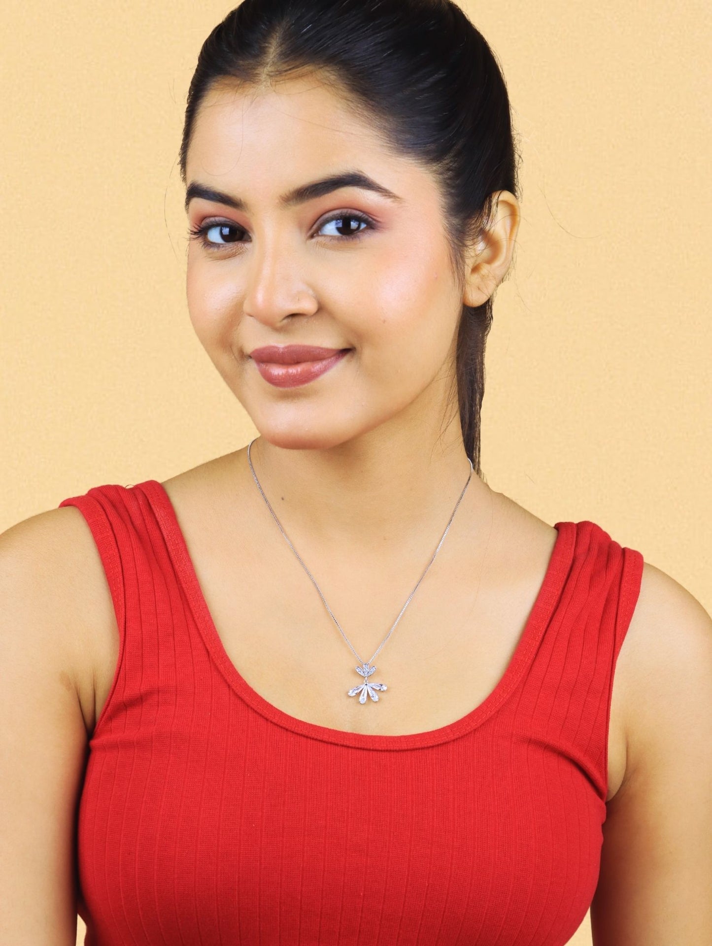 Crystal Bloom Fan Pendant Necklace - 925 Silver