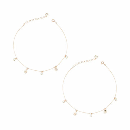 925 Sterling Silver Rose Gold Adjustable Twin Flower Anklet Set