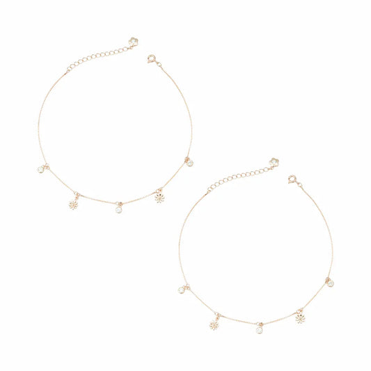 925 Sterling Silver Rose Gold Adjustable Twin Flower Anklet Set