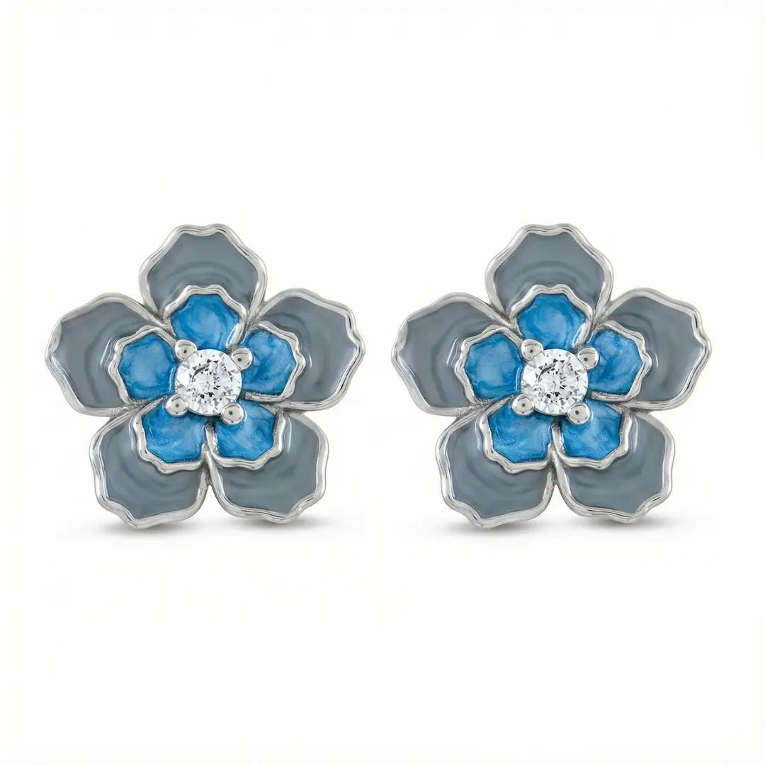Blue Blossom Enamel Earrings  - 925 Silver