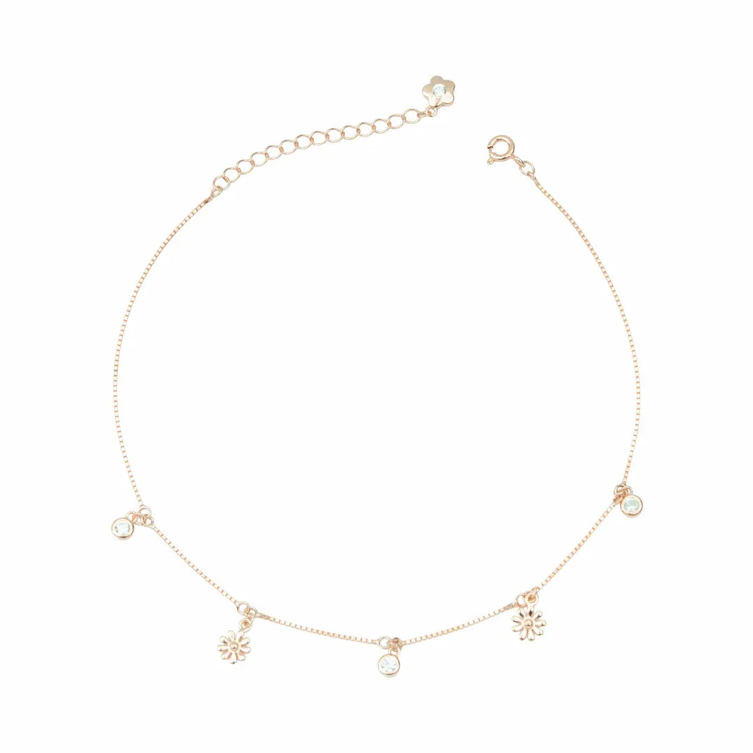 925 Sterling Silver Rose Gold Adjustable Twin Flower Anklet Set