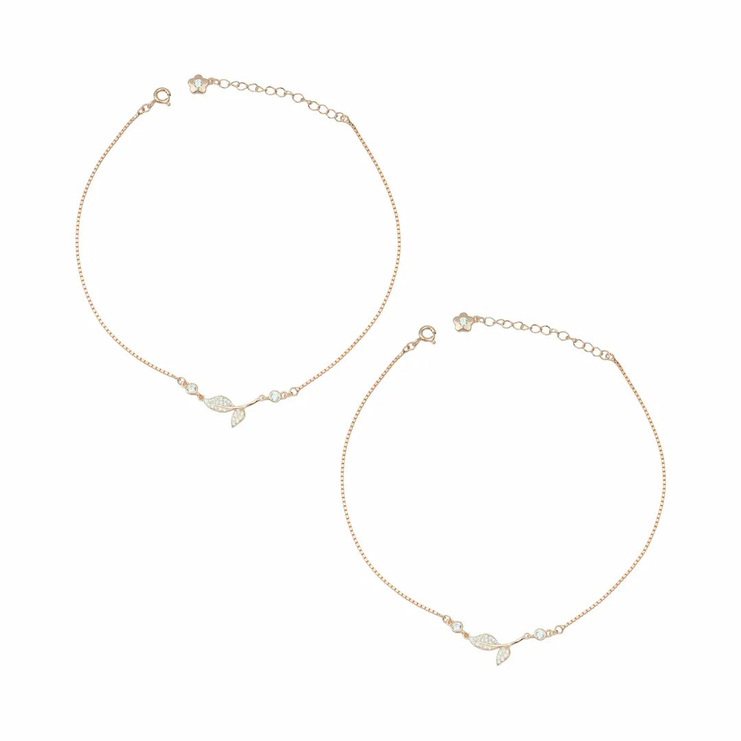 925 Sterling Silver Rose Gold Adjustable Leaf & Bud Anklet Set