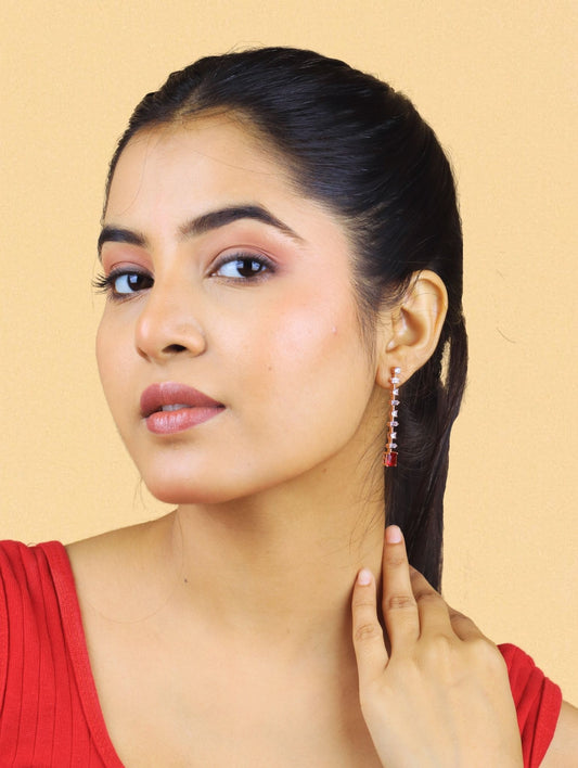 Crimson Elegance Rose Gold Drop Earrings - 925 Silver