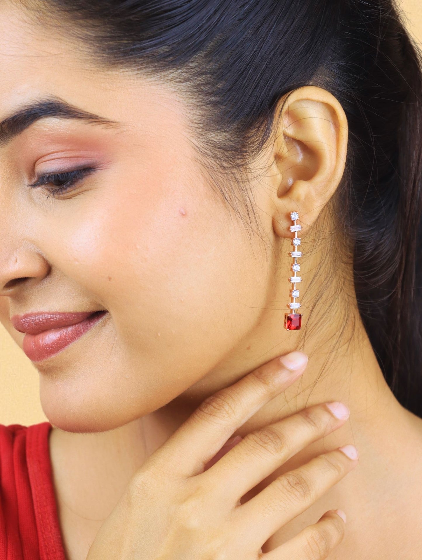 Crimson Elegance Rose Gold Drop Earrings - 925 Silver