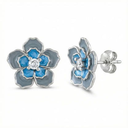 Blue Blossom Enamel Earrings  - 925 Silver
