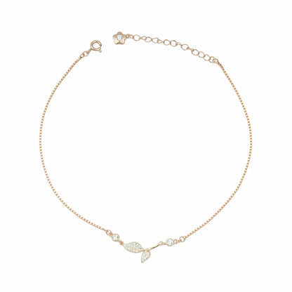 925 Sterling Silver Rose Gold Adjustable Leaf & Bud Anklet Set