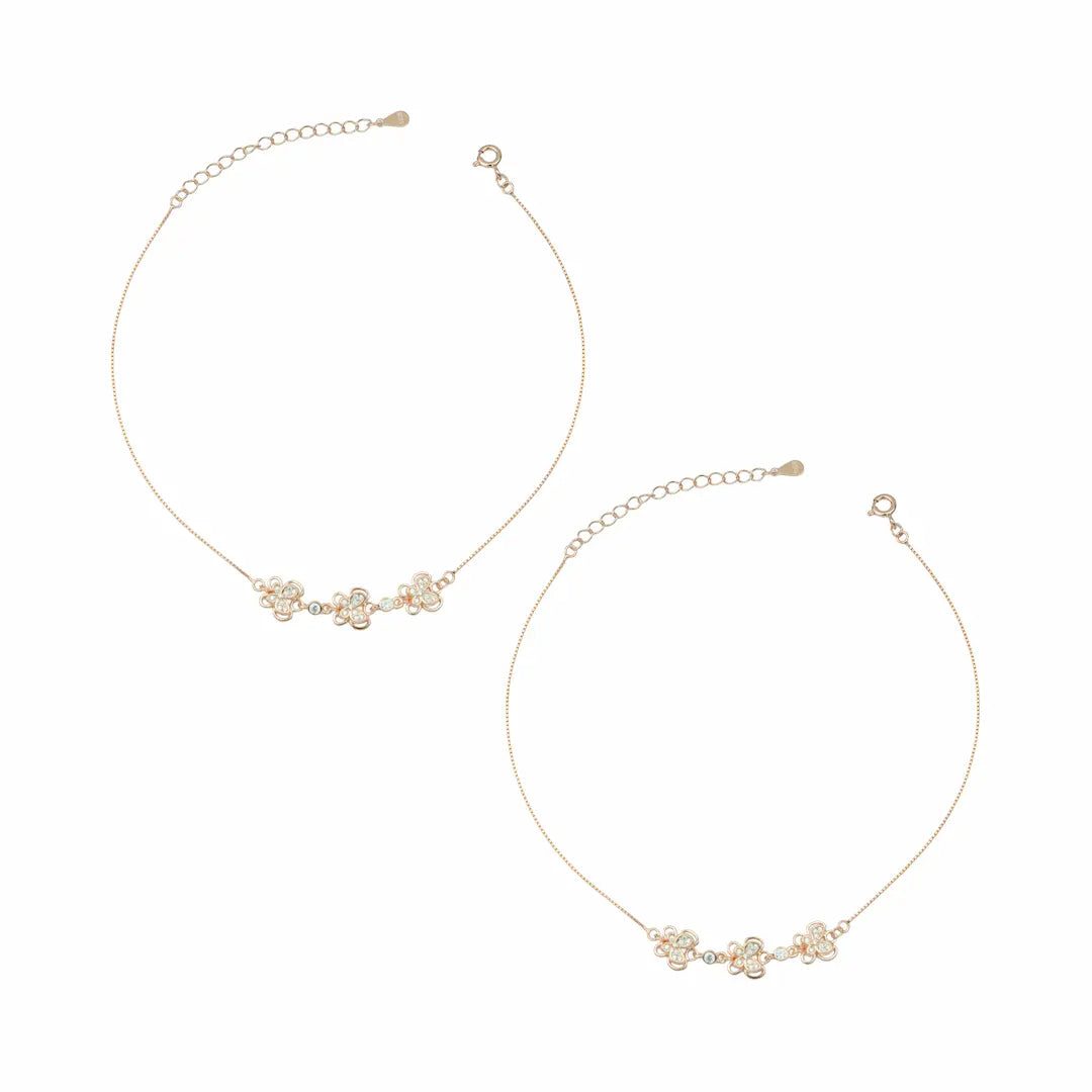 925 Sterling Silver Rose Gold Adjustable Triple Blossom Anklet Pair