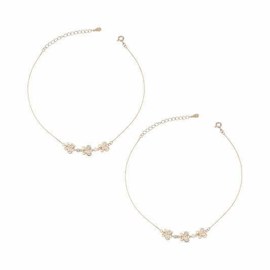 925 Sterling Silver Rose Gold Adjustable Triple Blossom Anklet Pair