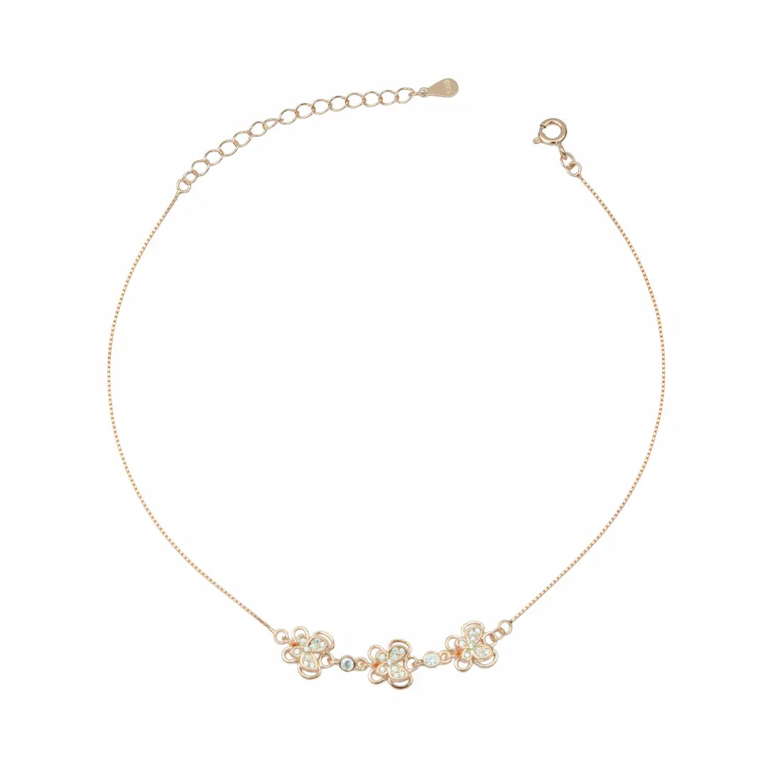 925 Sterling Silver Rose Gold Adjustable Triple Blossom Anklet Pair
