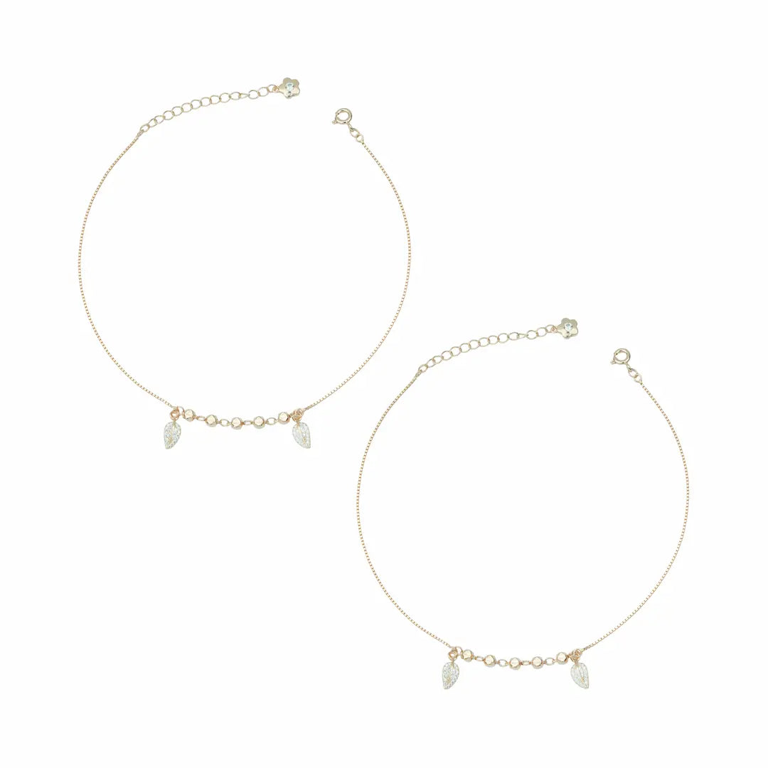 925 Sterling Silver Rose Gold Adjustable Teardrop Charm Anklet Set