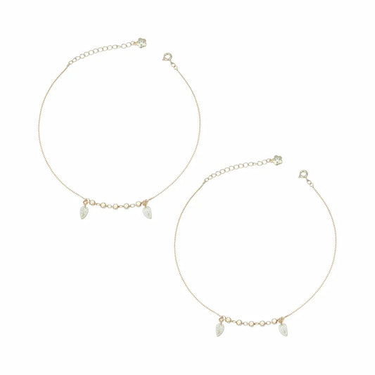 925 Sterling Silver Rose Gold Adjustable Teardrop Charm Anklet Set