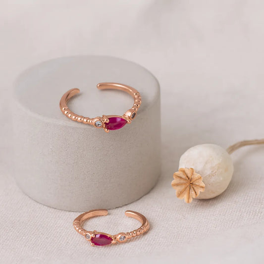 Ruby Drop 925 Silver Adjustable Rose Gold Toe Ring
