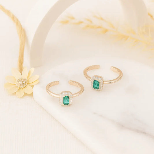 Emerald Glow 925 Silver Adjustable Rose Gold Toe Ring