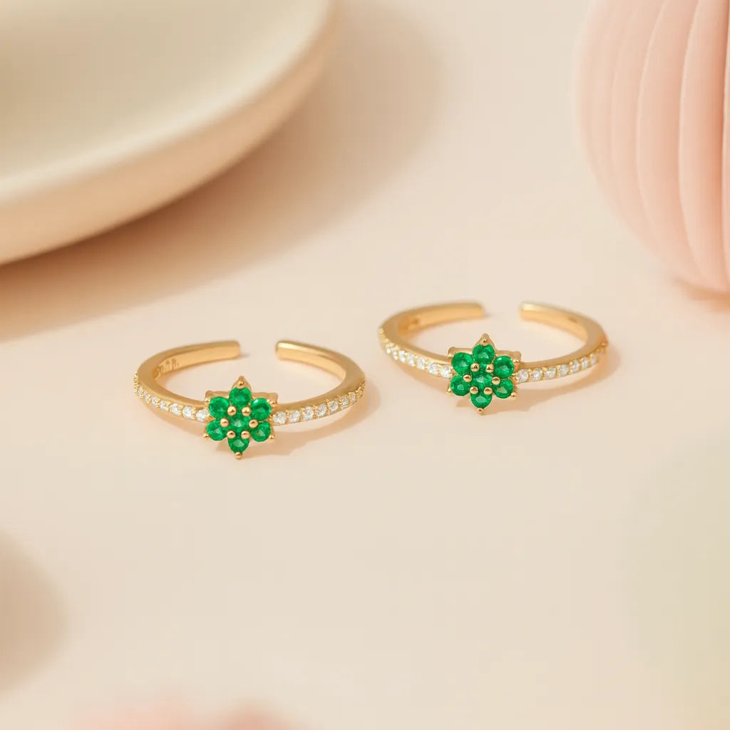 Rose Gold Silver Emerald Blossom Adjustable Toe Rings
