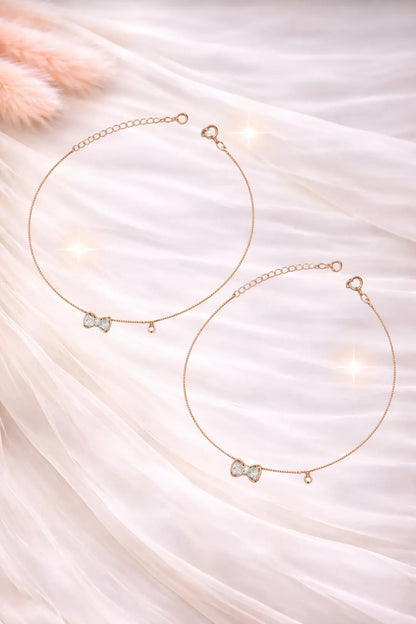 Bow Charm Adjustable 925 Silver Anklet Pair (Rose Gold Finish)