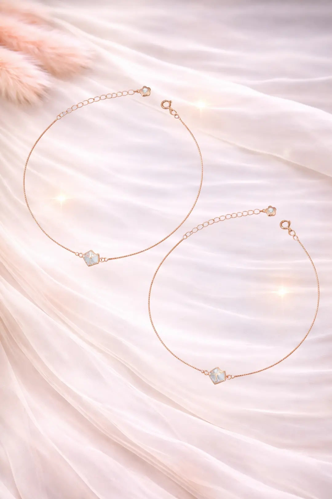 Adjustable 925 Silver Rose Glow Charm Anklet Pair