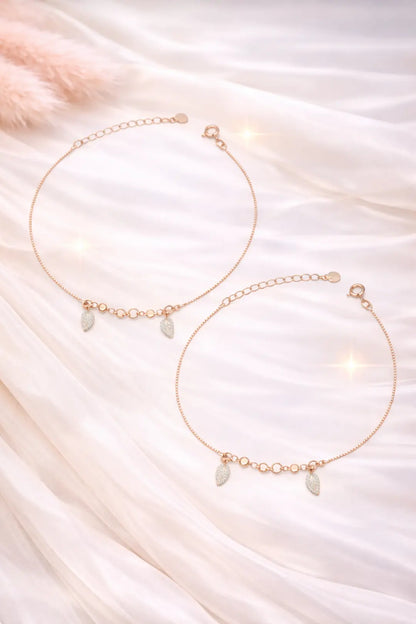 925 Sterling Silver Rose Gold Adjustable Teardrop Charm Anklet Set