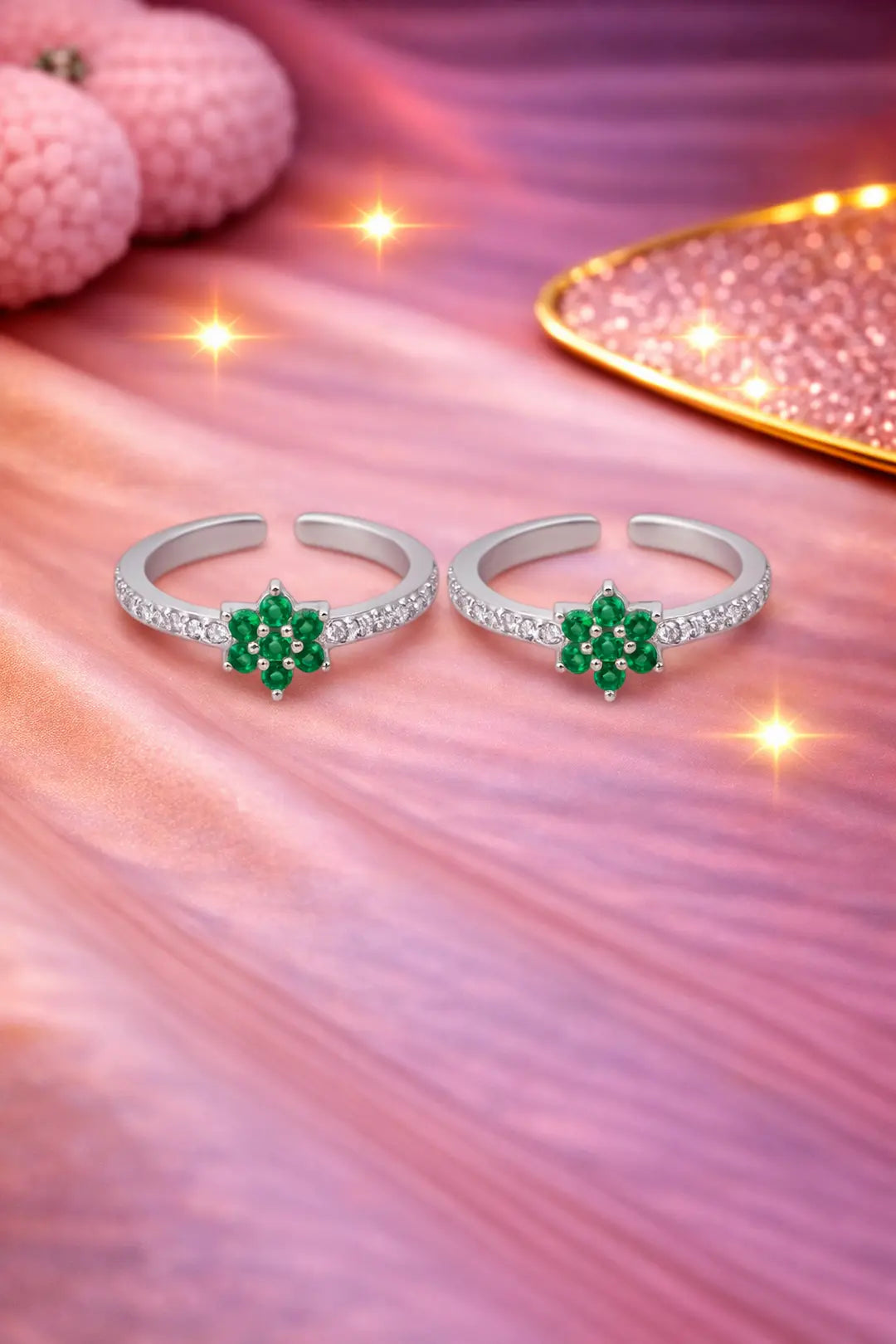 Emerald Bloom 925 Silver Adjustable Rose Gold Toe Ring- 925 Silver