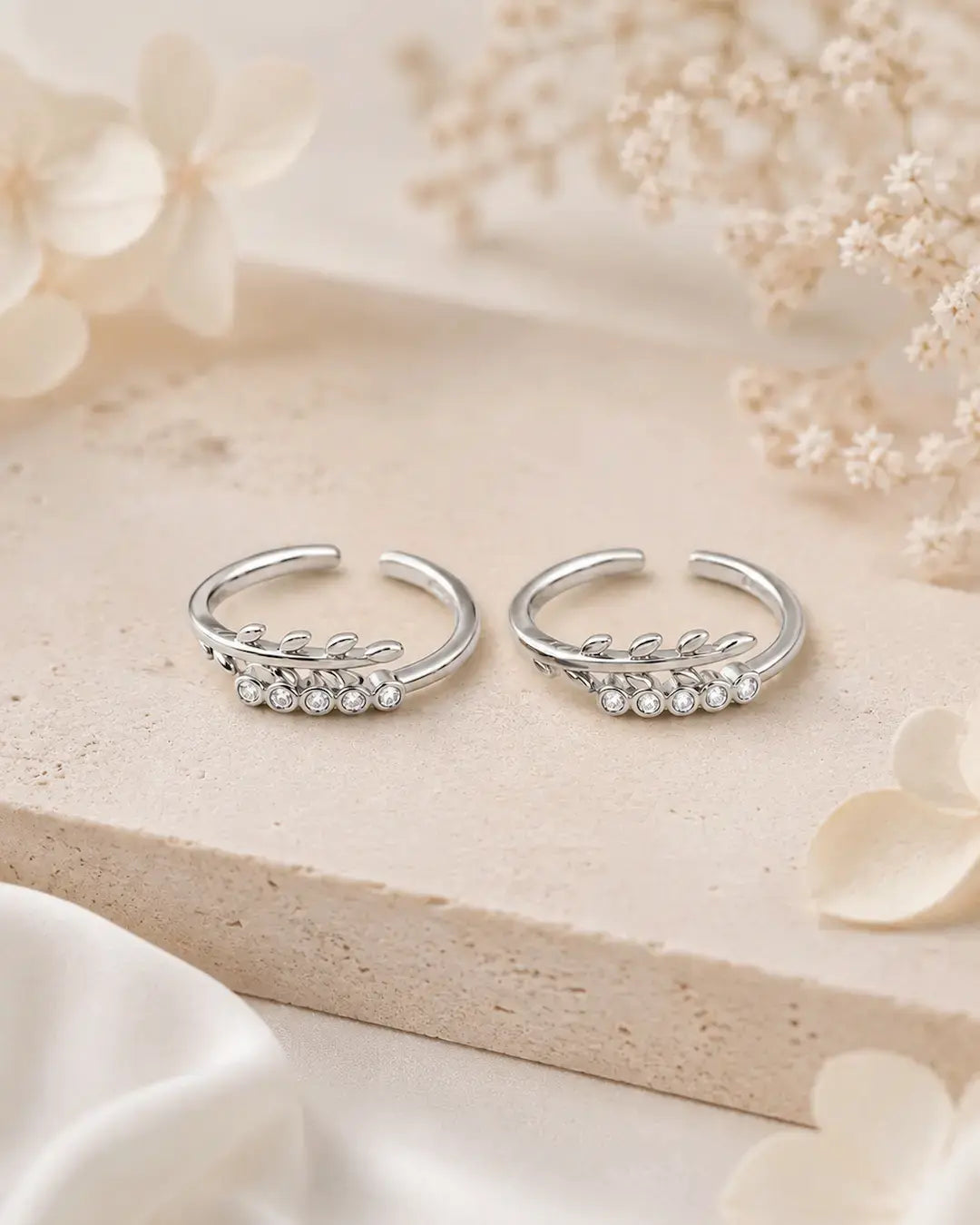 White Blossom CZ 925 Sterling Silver Toe Ring (Pair)