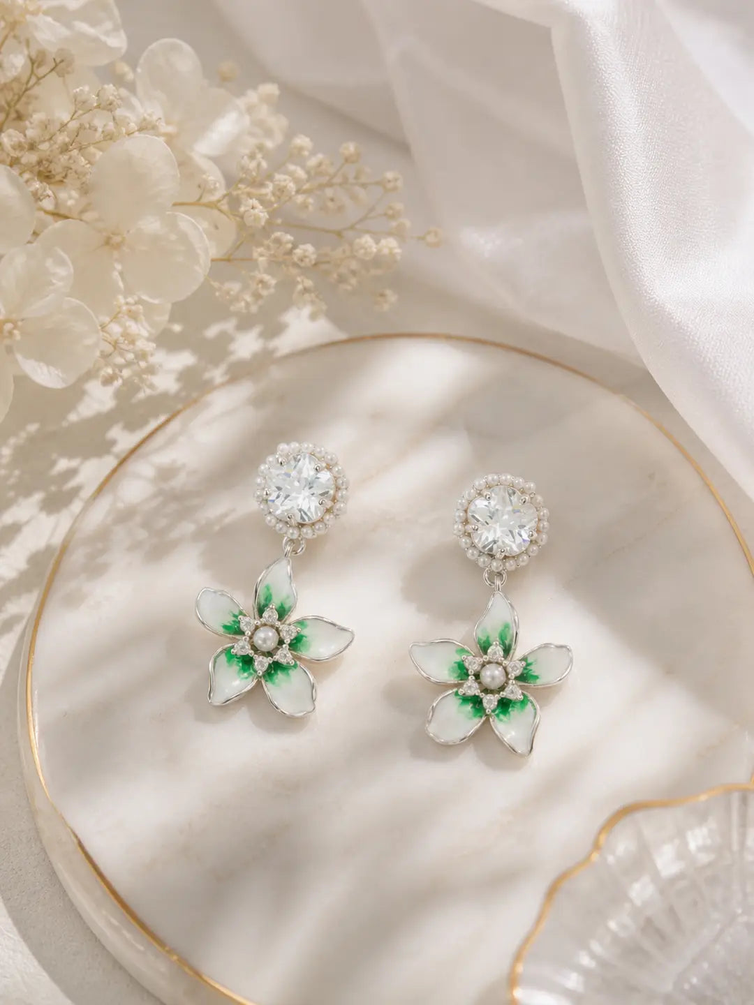 The Verdant Bloom Crystal Drops Earrings - 925 Silver