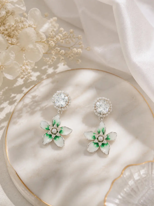 The Verdant Bloom Crystal Drops Earrings - 925 Silver