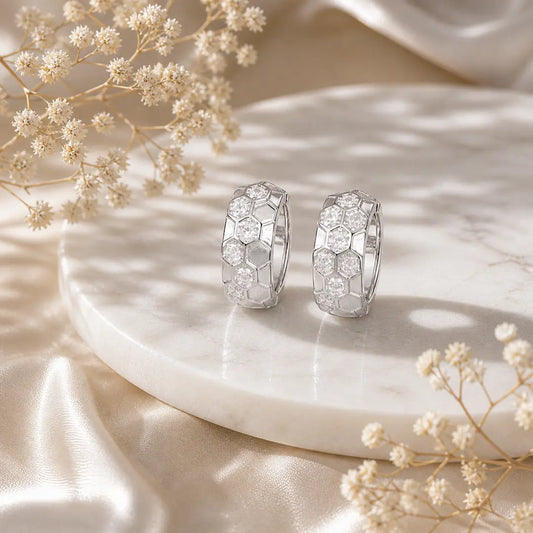 Honeycomb Sparkle Silver Huggie Hoops Earrings - 925 Silver