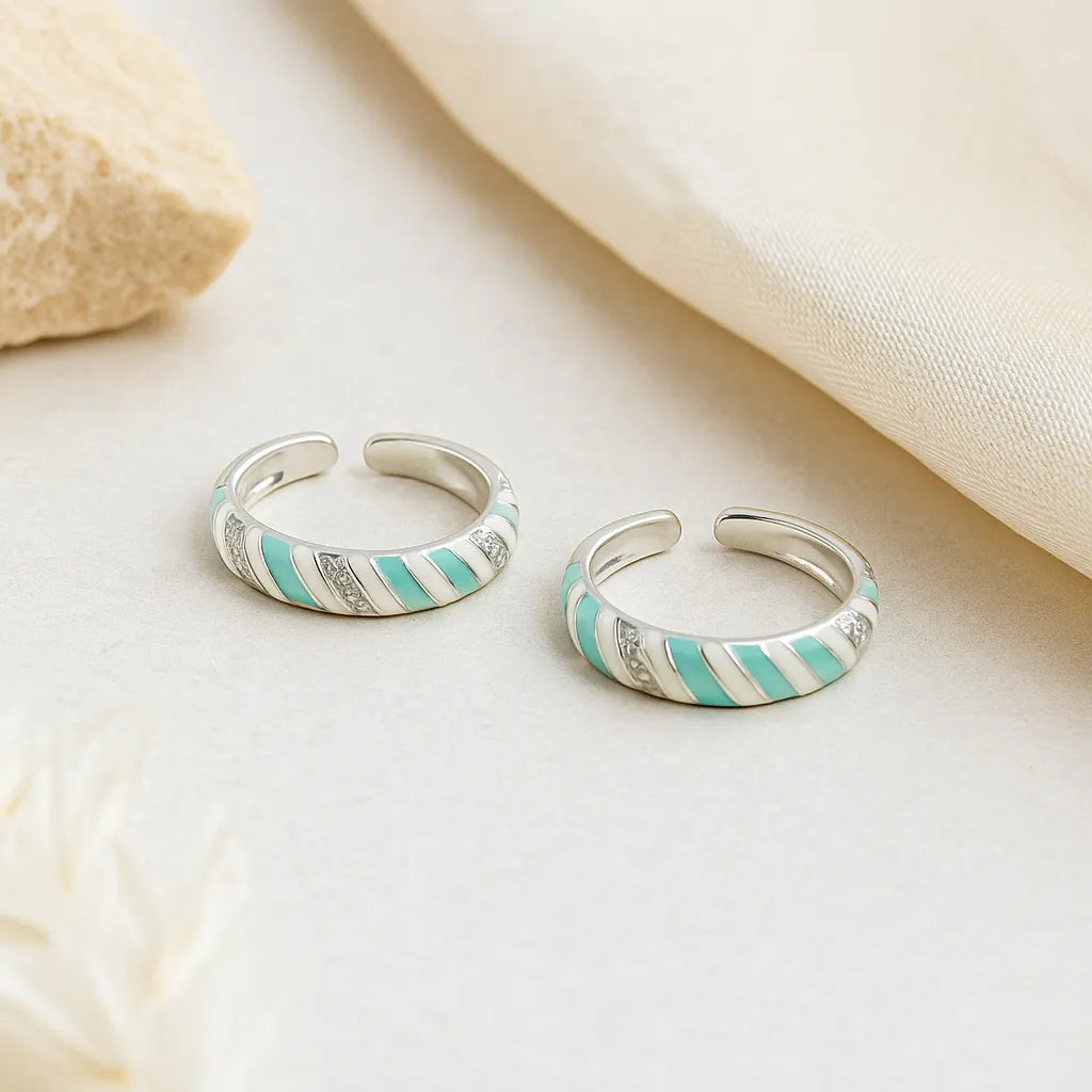 Aqua Swirl Silver Adjustable Toe Rings