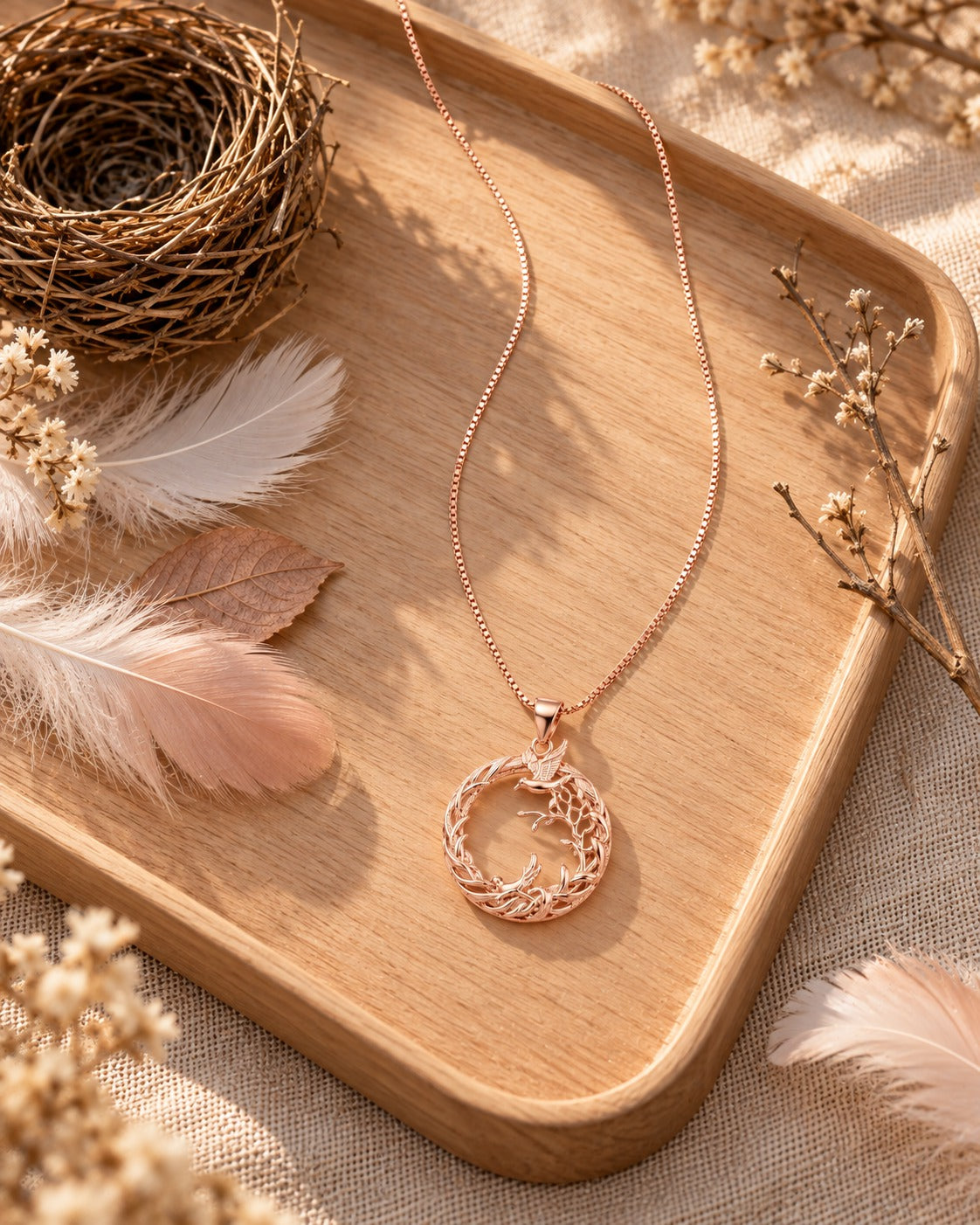 Rose Gold Hummingbird & Nature-Inspired Pendant Necklace – 925 Sterling Silver