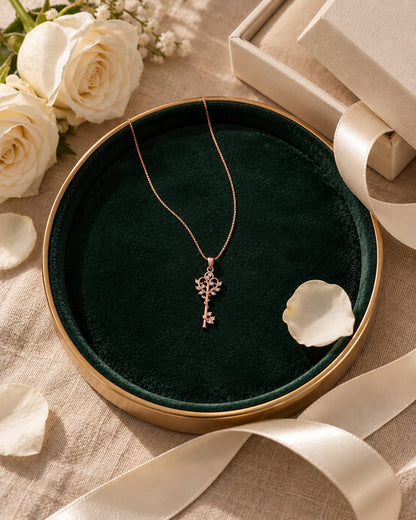 Rose Gold Crystal Tree of Life Key Pendant Necklace – 925 Sterling Silver