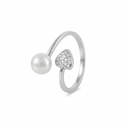 Elegant 925 Silver Heart & Pearl Adjustable Open Ring