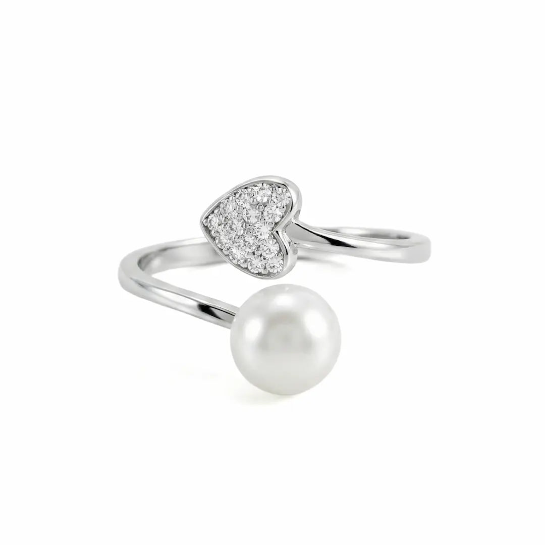 Elegant 925 Silver Heart & Pearl Adjustable Open Ring