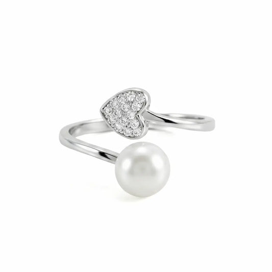 Elegant 925 Silver Heart & Pearl Adjustable Open Ring