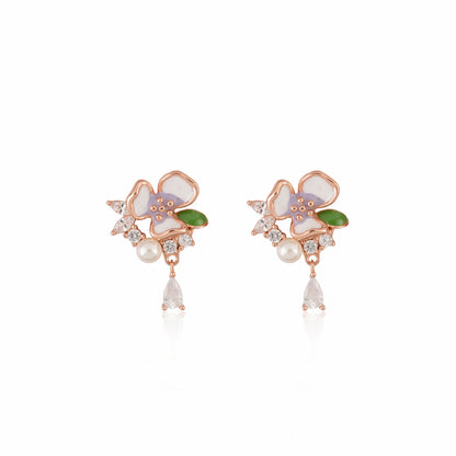 Floral Pearl Drop  Earrings - 925 Silver