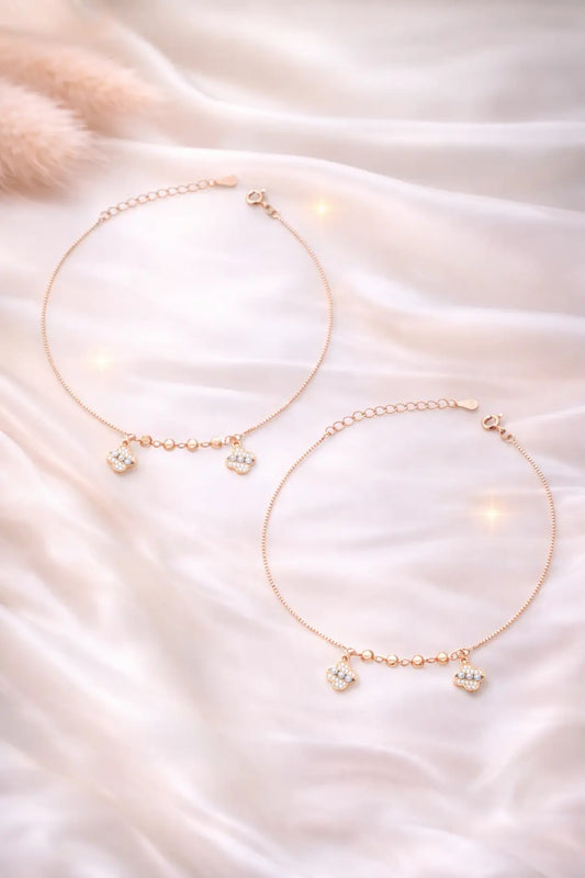 925 Sterling Silver Rose Gold Plated Adjustable Clover & Pearl Anklet Set