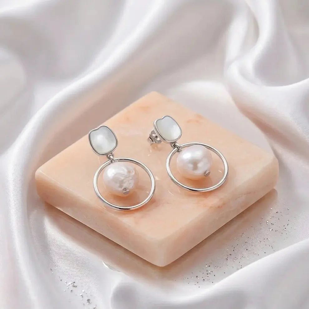 White Enamel Natural Pearl Earrings - 925 Silver