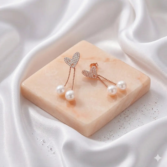 Heart Pearl Dangler Earrings - 925 Silver