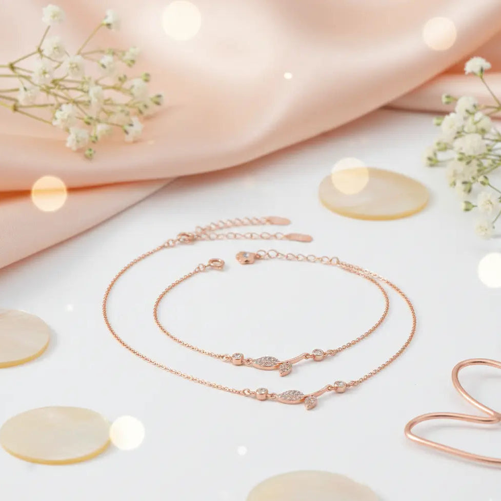925 Sterling Silver Rose Gold Adjustable Leaf & Bud Anklet Set