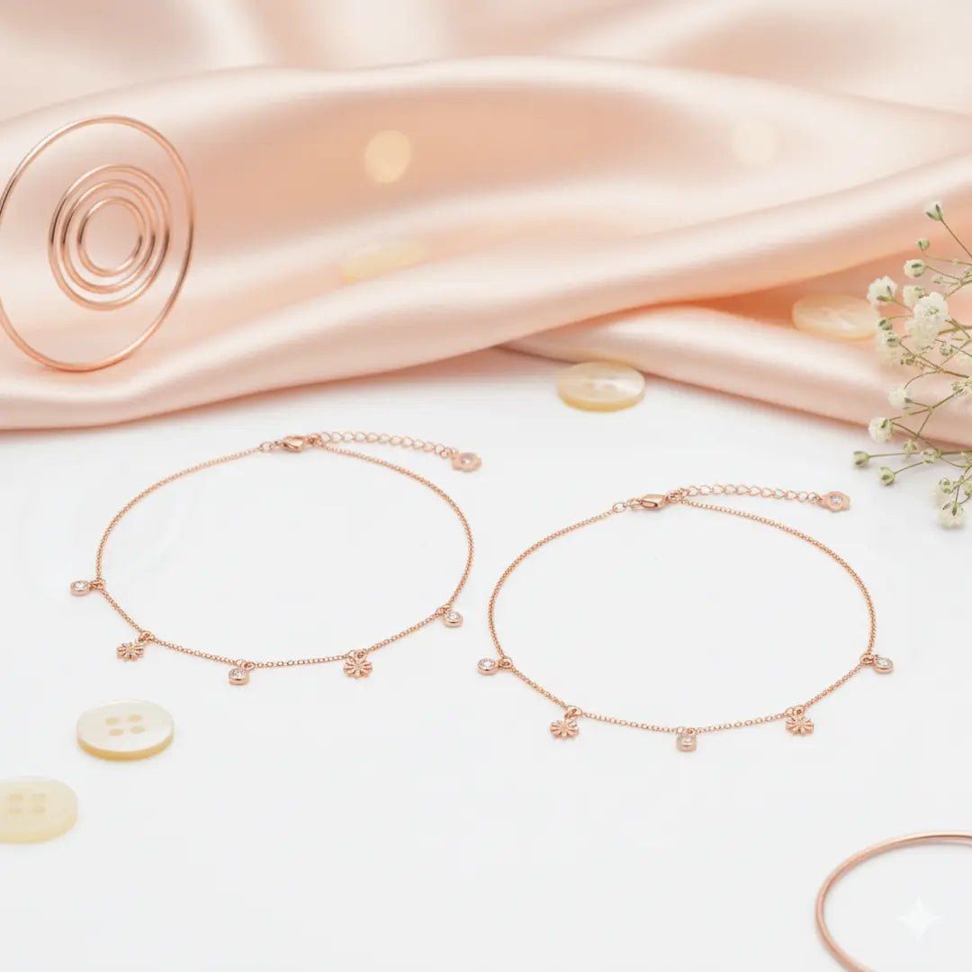 925 Sterling Silver Rose Gold Adjustable Twin Flower Anklet Set
