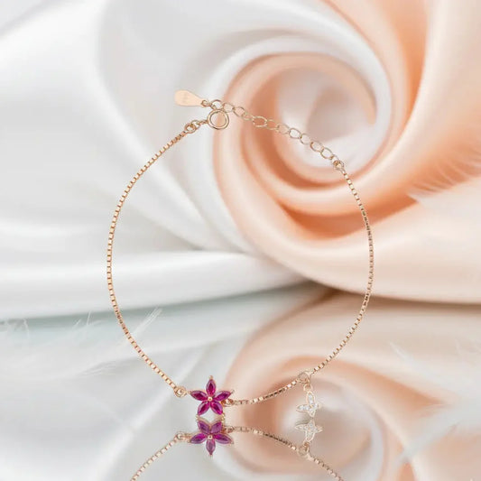 925 Sterling Silver Rose Gold Ruby Floral Butterfly Bracelet (Adjustable)