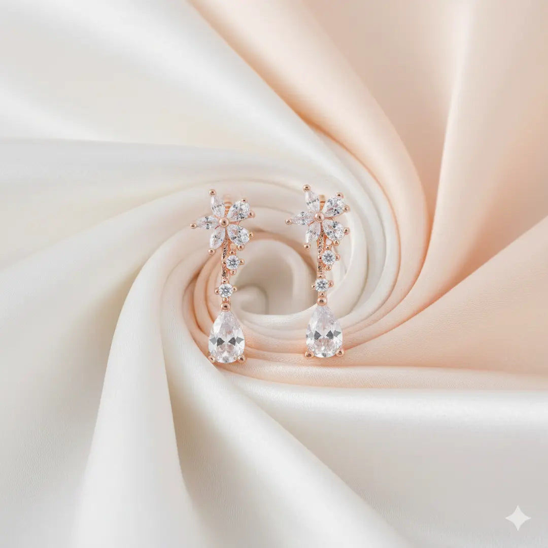 925 Sterling Silver Rose Gold Floral Pear Drop Earrings (Adjustable Fit)