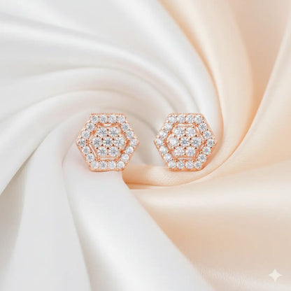 925 Sterling Silver Rose Gold Hexagon Halo Studs (Adjustable Fit)